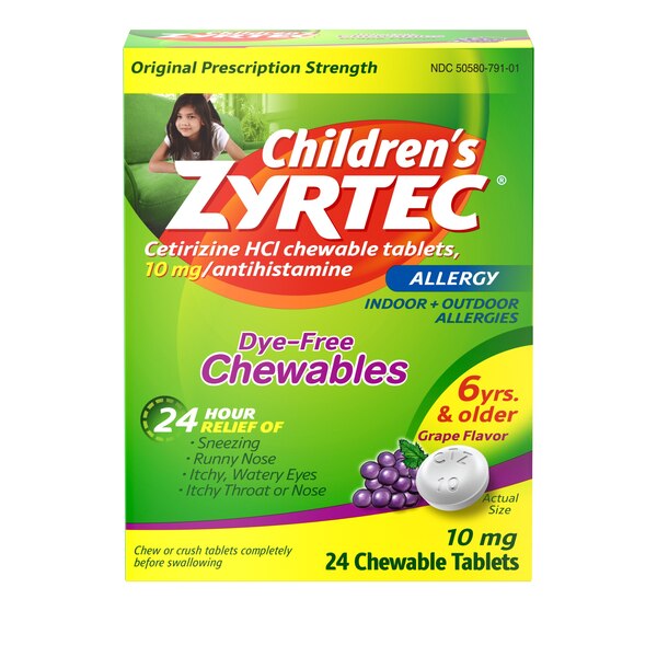 Zyrtec Children's 24HR Dye-Free Allergy Relief Chewable Tablets, 10mg Cetirizine HCl, Grape, 24 CT