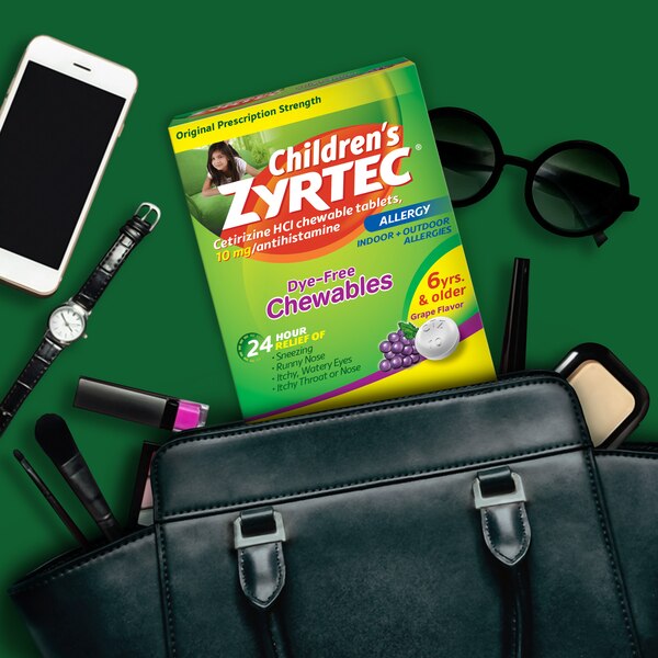 Zyrtec Children's 24HR Dye-Free Allergy Relief Chewable Tablets, 10mg Cetirizine HCl, Grape, 24 CT