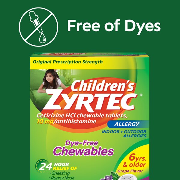 Zyrtec Children's 24HR Dye-Free Allergy Relief Chewable Tablets, 10mg Cetirizine HCl, Grape, 24 CT