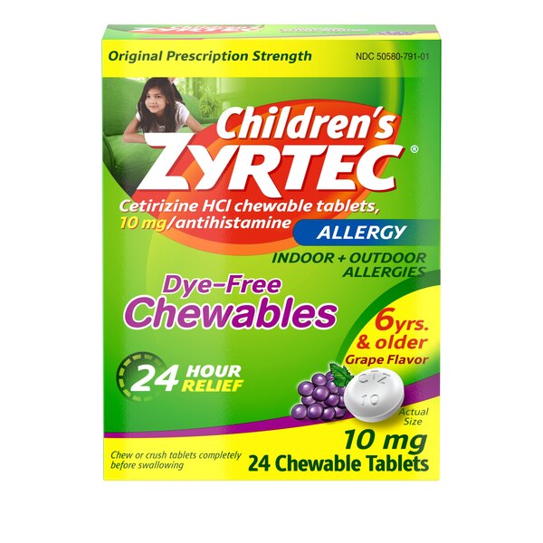 Zyrtec Children's 24HR Dye-Free Allergy Relief Chewable Tablets, 10mg Cetirizine HCl, Grape, 24 CT