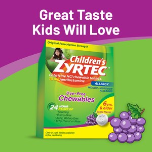 Zyrtec Children's 24HR Dye-Free Allergy Relief Chewable Tablets, 10mg Cetirizine HCl, Grape, 24 CT