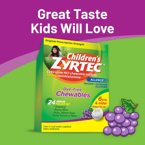 Zyrtec Children's 24HR Dye-Free Allergy Relief Chewable Tablets, 10mg Cetirizine HCl, Grape, 24 CT