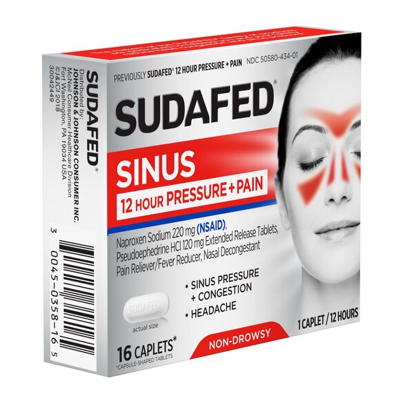 Sudafed 12 Hour Sinus Pressure + Pain Relief Sinus Decongestant, 16 CT