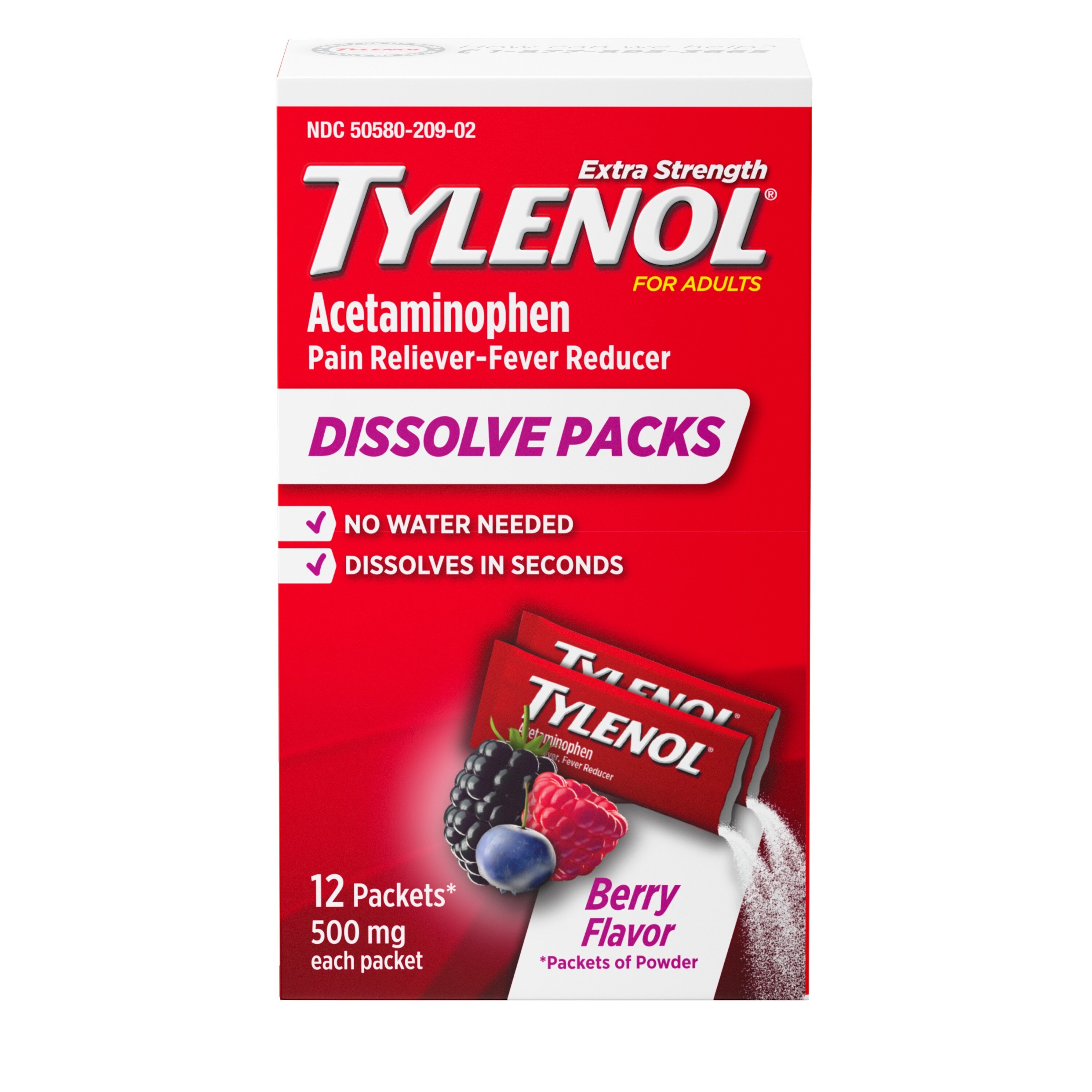Tylenol Extra Strength Dissolve Packs con acetaminofeno, Berry, 12 u.