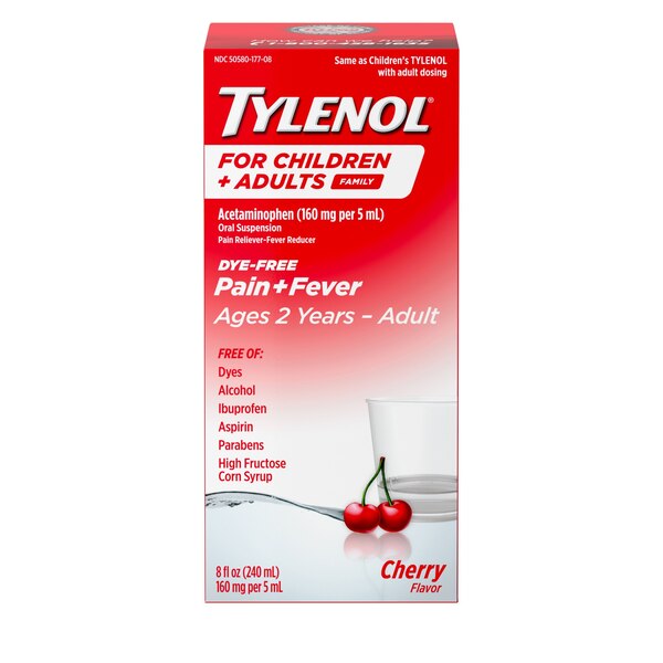 Tylenol Dye-Free Child & Adult Oral Suspension, Cherry, 8 FL OZ