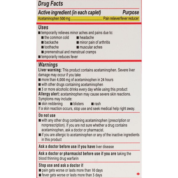 Tylenol Extra Strength Acetaminophen 500 MG Caplets