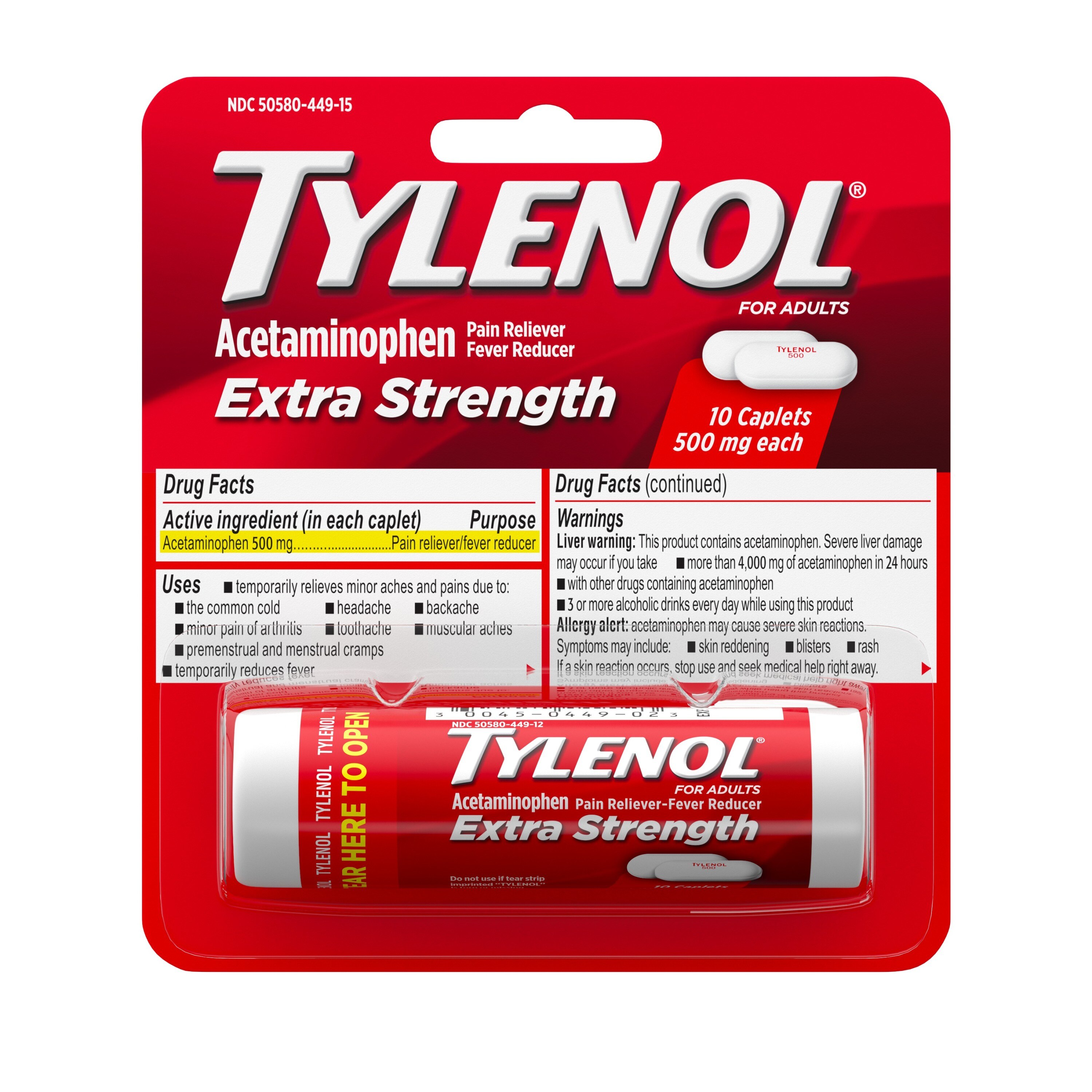 Tylenol Extra Strength - Cápsulas con 500 mg de acetaminofén