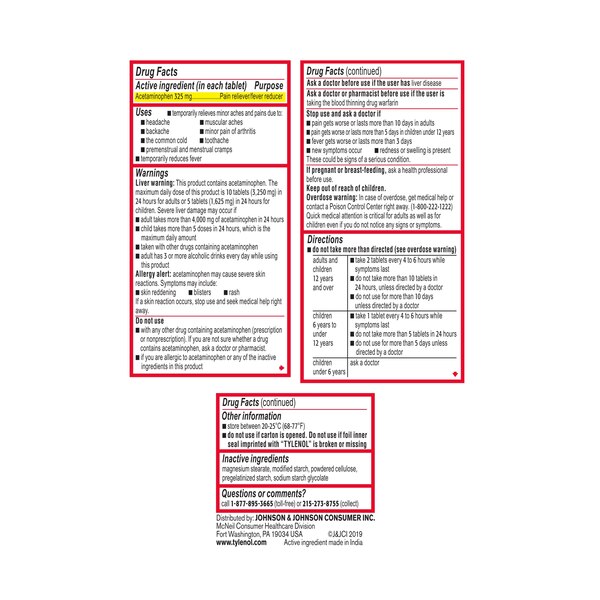 Tylenol Regular Strength Acetaminophen 325 MG Tablets, 100 CT
