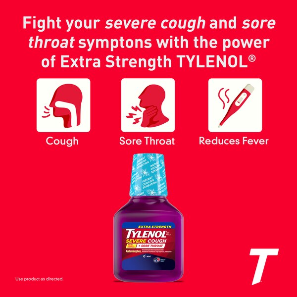 Tylenol Extra Strength Severe Cough + Sore Throat Night Liquid, 8 OZ
