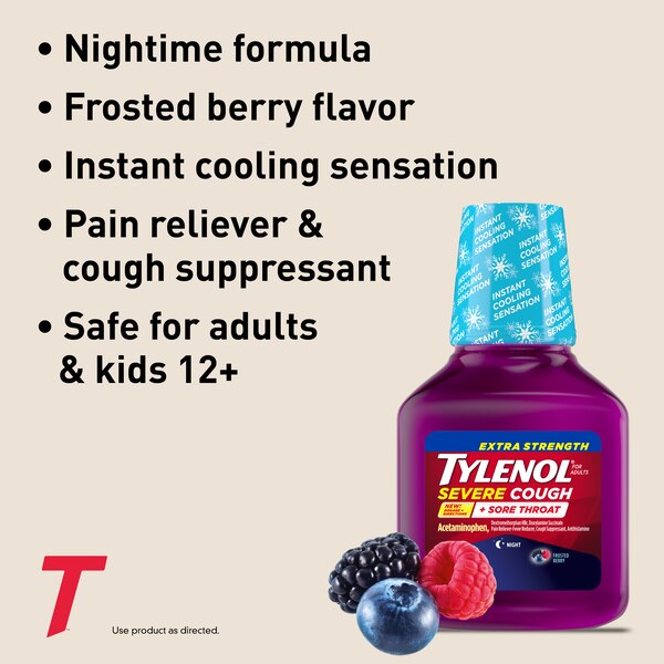 Tylenol Extra Strength Severe Cough + Sore Throat Night Liquid, 8 OZ