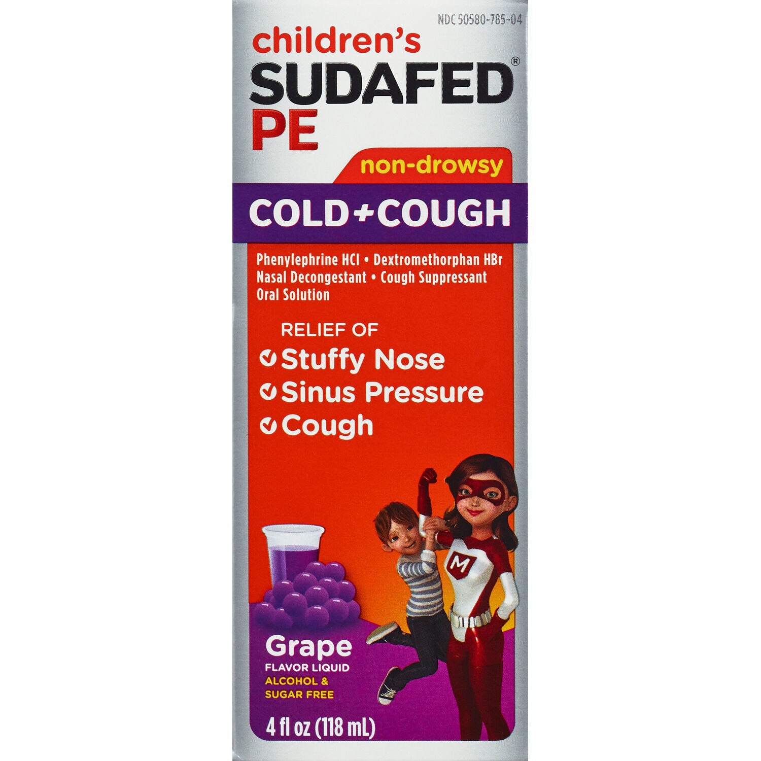Children's Sudafed PE Cold+Cough - Jarabe pediátrico para la tos y el resfrío, sabor Grape, 4 oz líq.