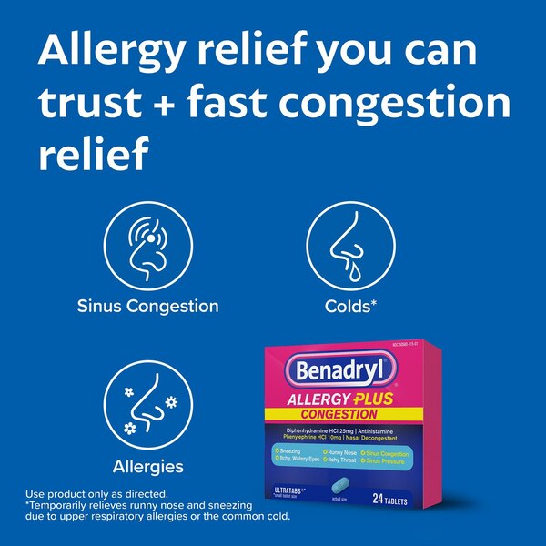 Benadryl Allergy Plus Congestion Ultratabs Allergy Medicine, 24 ct