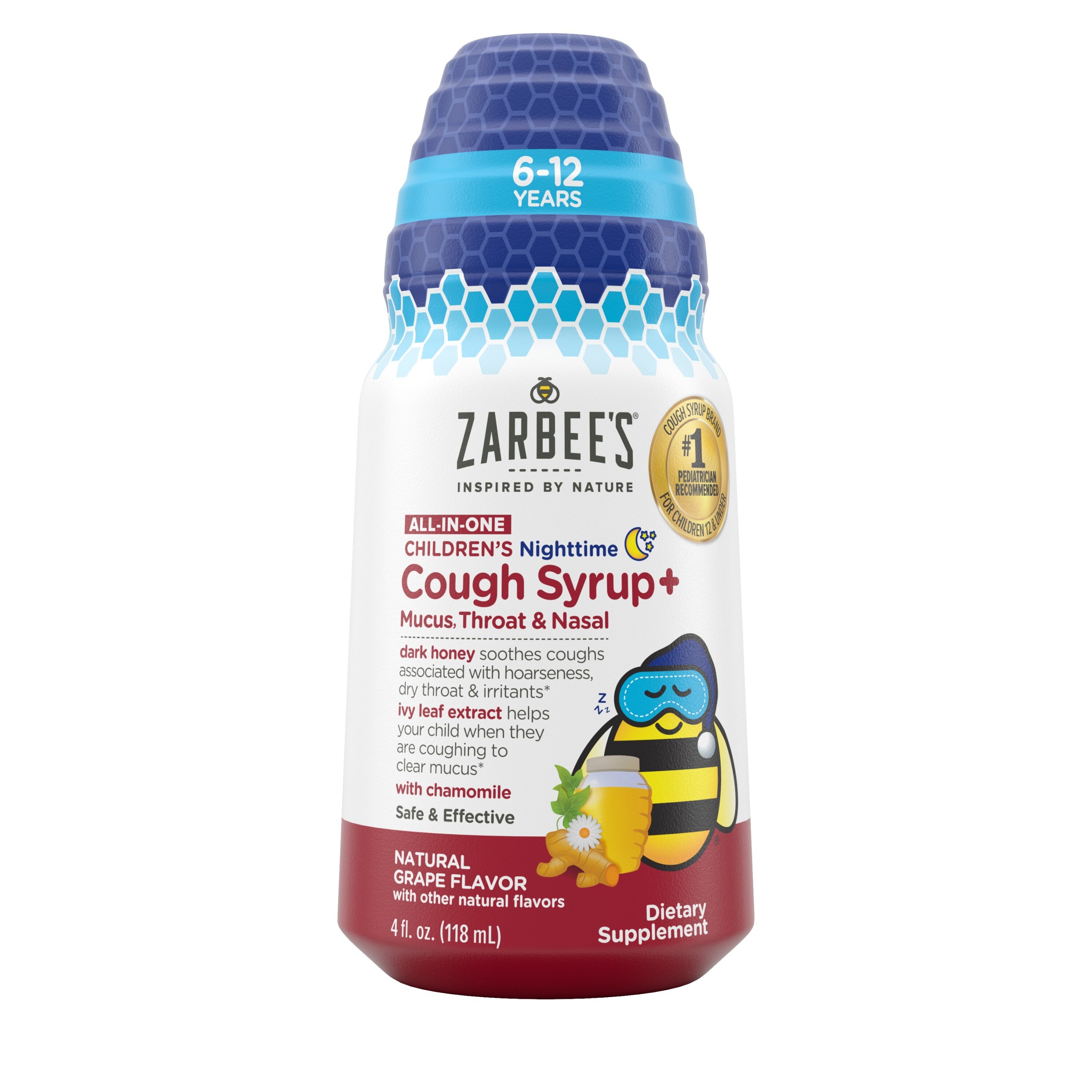 Zarbee's Children's All-In-One Cough Syrup Nighttime with Honey, Turmeric, B-vitamins & Zinc, Grape, 4 fl oz