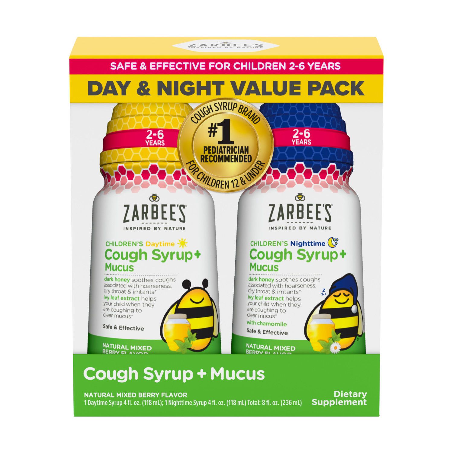 Zarbee's Kids Cough + Mucus Day/Night with Honey, Ivy Leaf, Zinc & Elderberry, Mixed Berry, 2x4 oz líq.