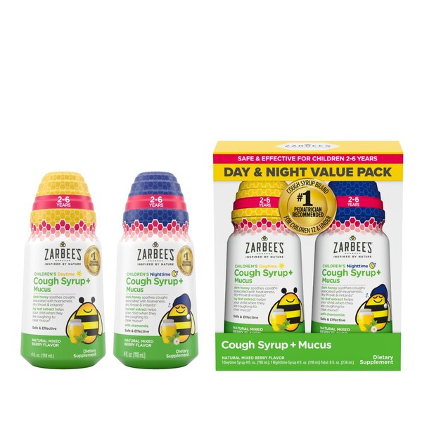 Zarbee's Kids Cough + Mucus Day/Night with Honey, Ivy Leaf, Zinc & Elderberry, Mixed Berry, 2x4 fl oz