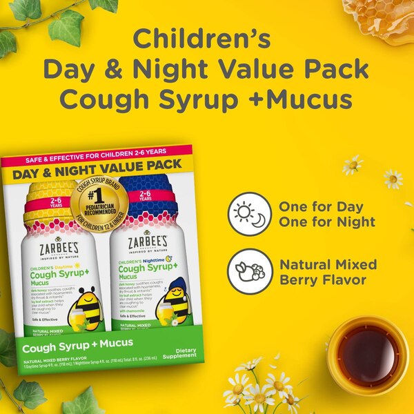 Zarbee's Kids Cough + Mucus Day/Night with Honey, Ivy Leaf, Zinc & Elderberry, Mixed Berry, 2x4 fl oz