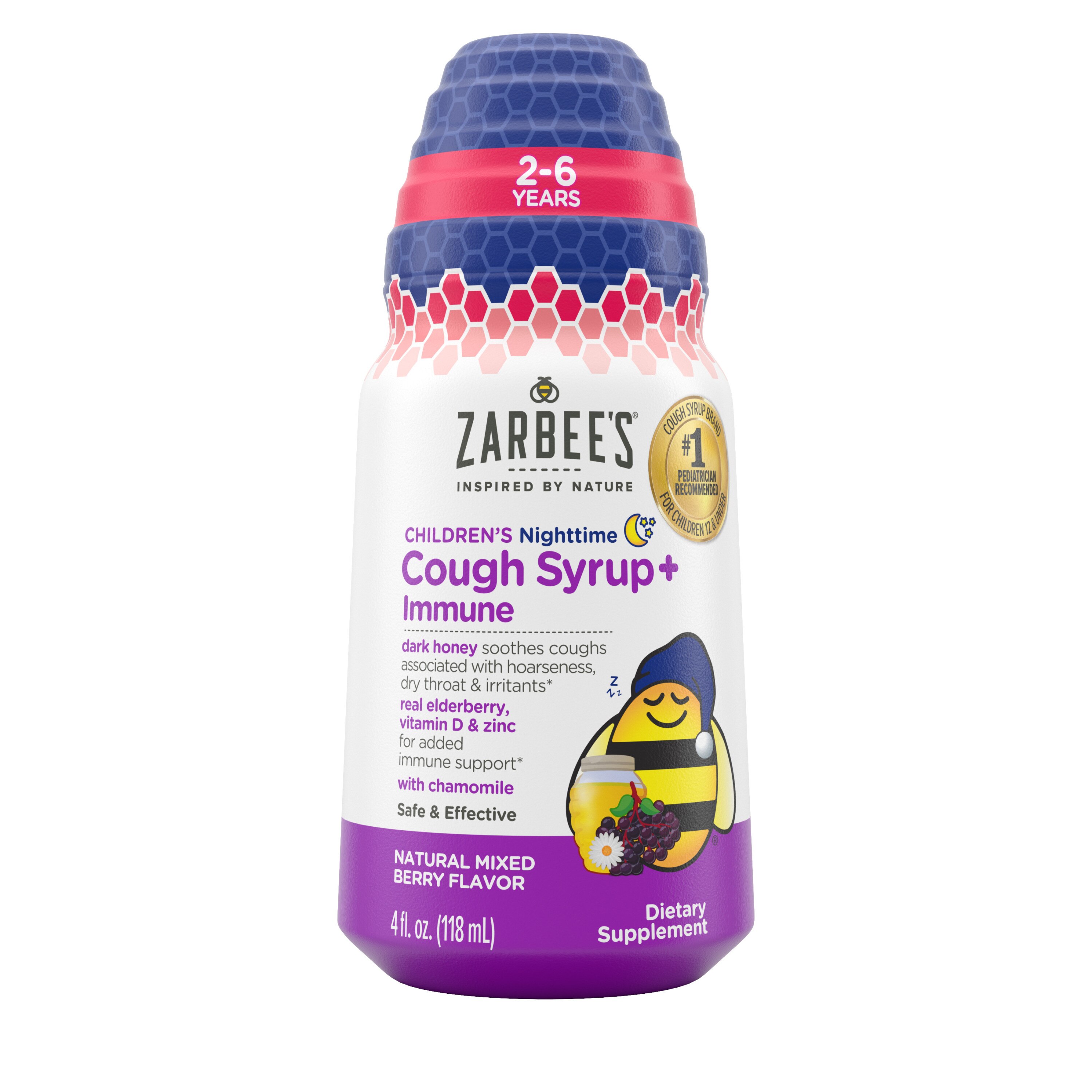 Zarbee's Kids Cough + Immune Nighttime for Age 2-6 with Honey, Vitamin D & Zinc, Mixed Berry, 4 fl oz