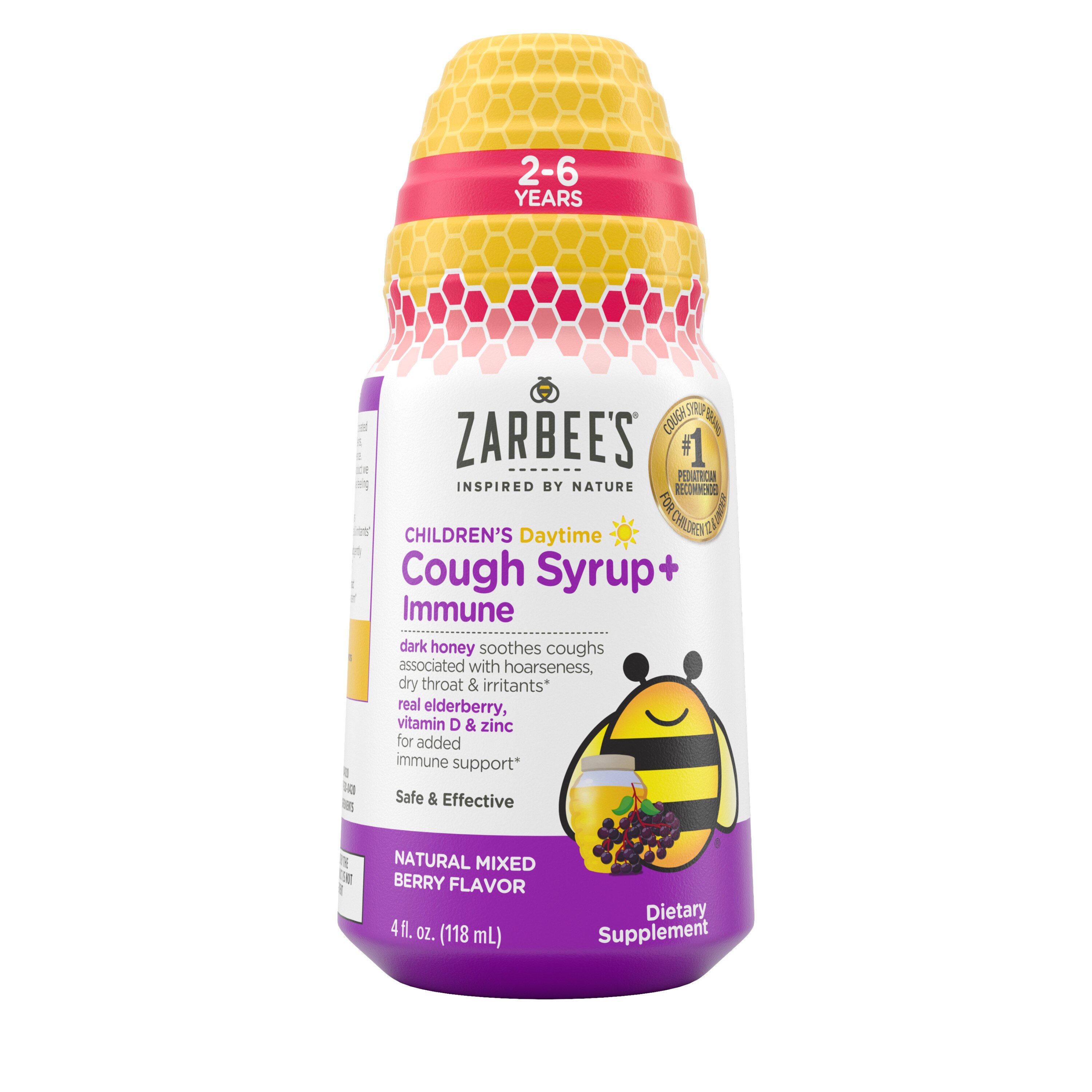 Zarbee's Kids Cough + Immune Daytime for Ages 2-6 with Honey, Vitamin D & Zinc, Mixed Berry, 4 fl oz