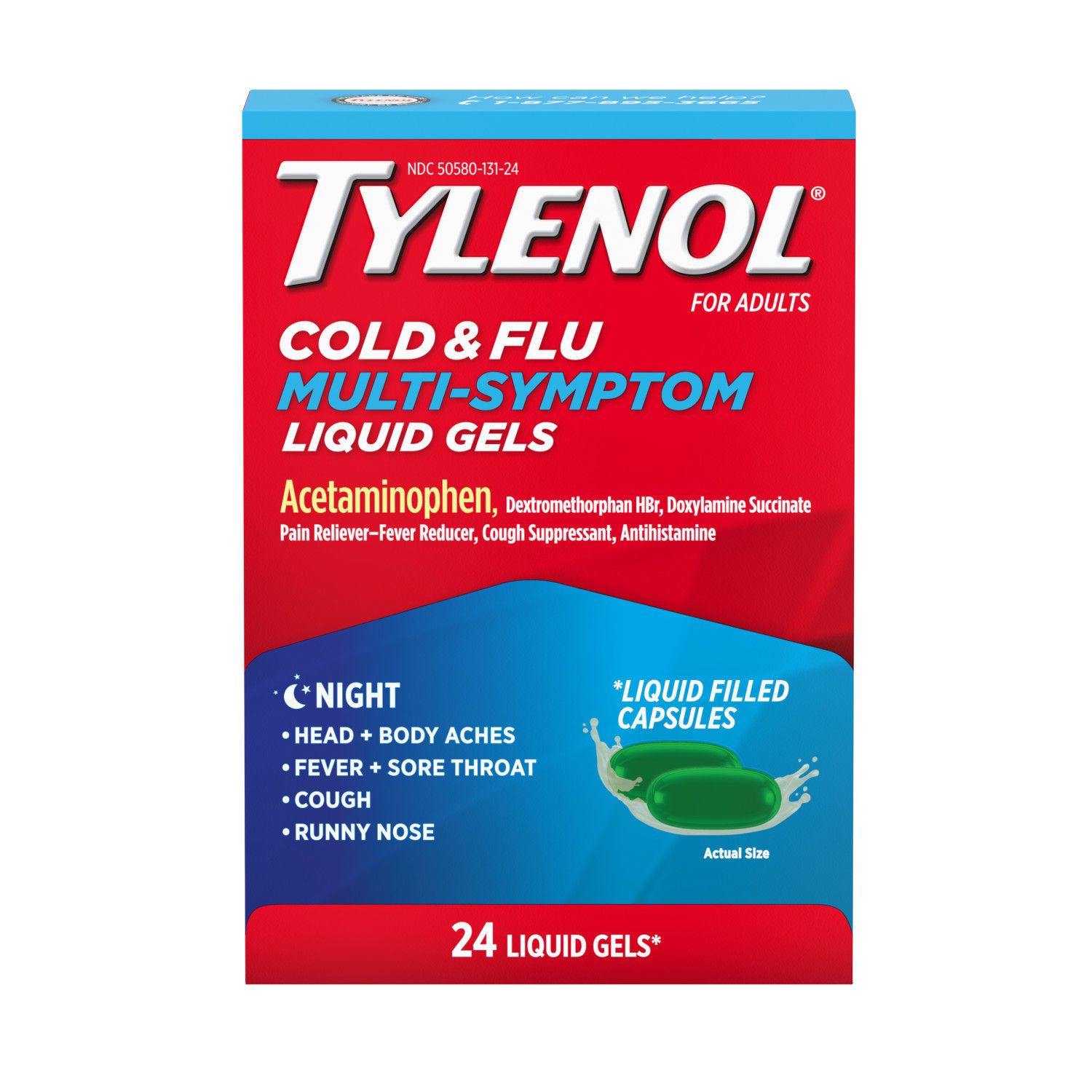 Tylenol Cold + Flu Multi-Symptom Nighttime Liquid Gels, 24 CT