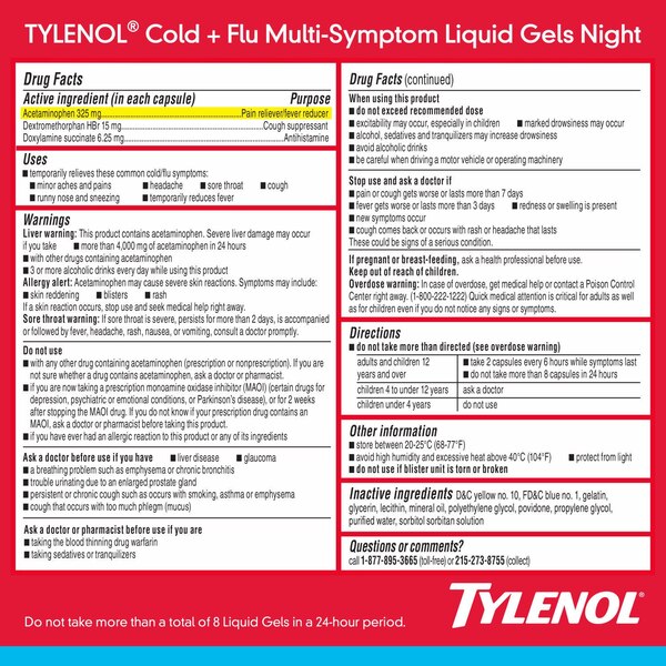 Tylenol Cold + Flu Multi-Symptom Nighttime Liquid Gels, 24 CT