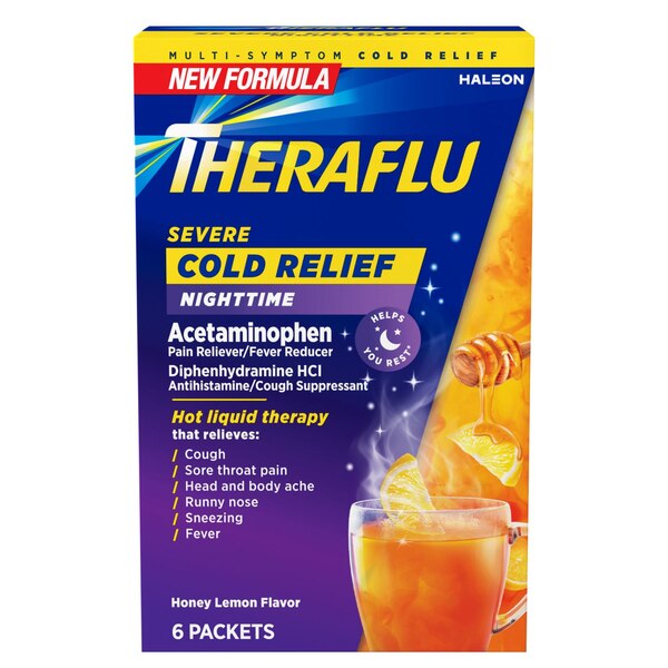 Theraflu Nighttime Severe Cold Relief Powder, Honey Lemon, 6 CT
