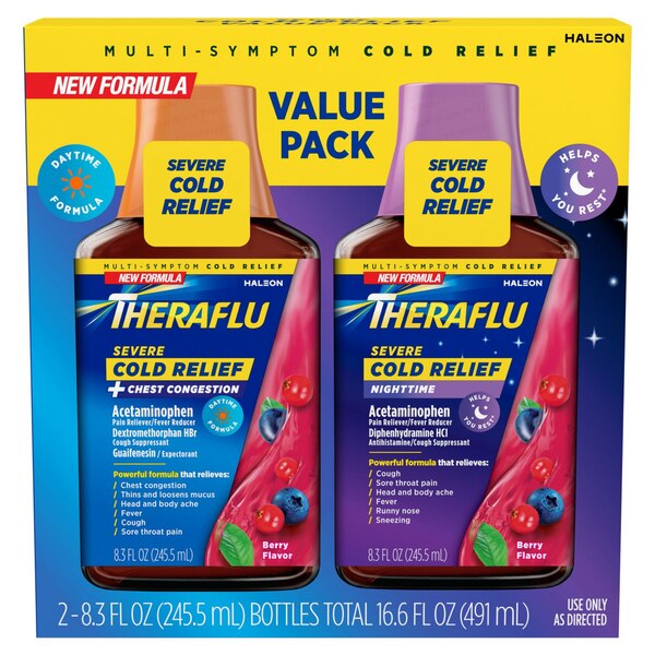 Theraflu Daytime + Nighttime Severe Multi-Symptom Cold & Cough Relief Liquid, Berry, 2 x 8.3 OZ