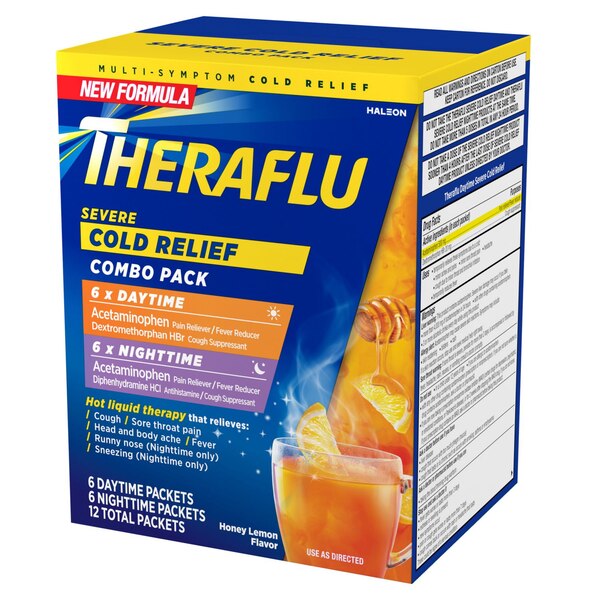 Theraflu Daytime + Nighttime Severe Cold Relief Combo Powder Packs, Honey Lemon, 12 CT
