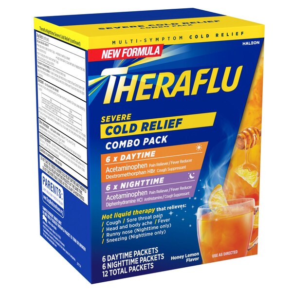 Theraflu Daytime + Nighttime Severe Cold Relief Combo Powder Packs, Honey Lemon, 12 CT