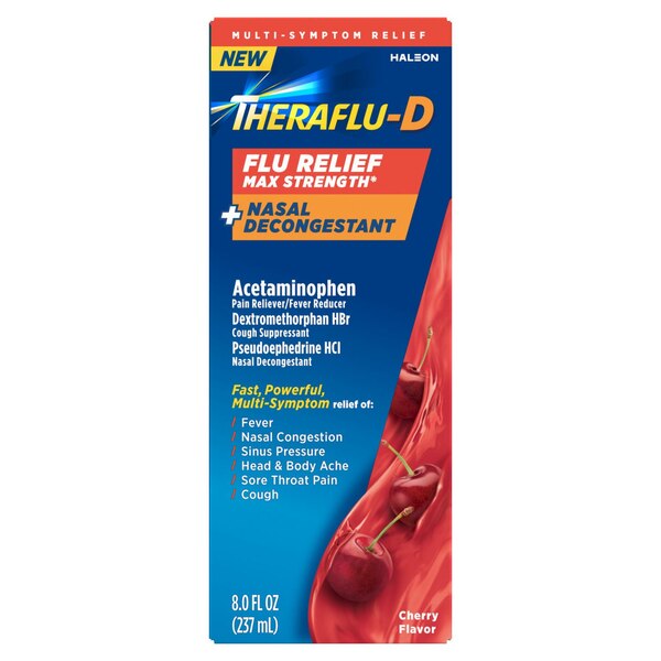 Theraflu-D PSE Flu Relief and Nasal Decongestant, Cherry, 8 OZ