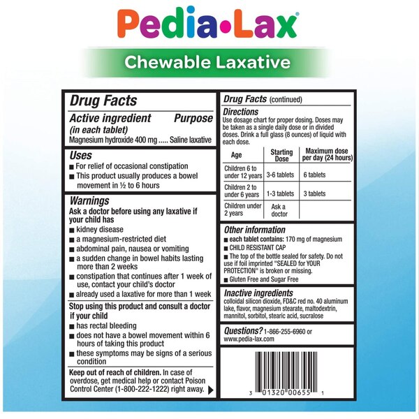 Pedia-Lax Laxative Chewable Tablets for Kids, Ages 2-11, Watermelon, 30 CT