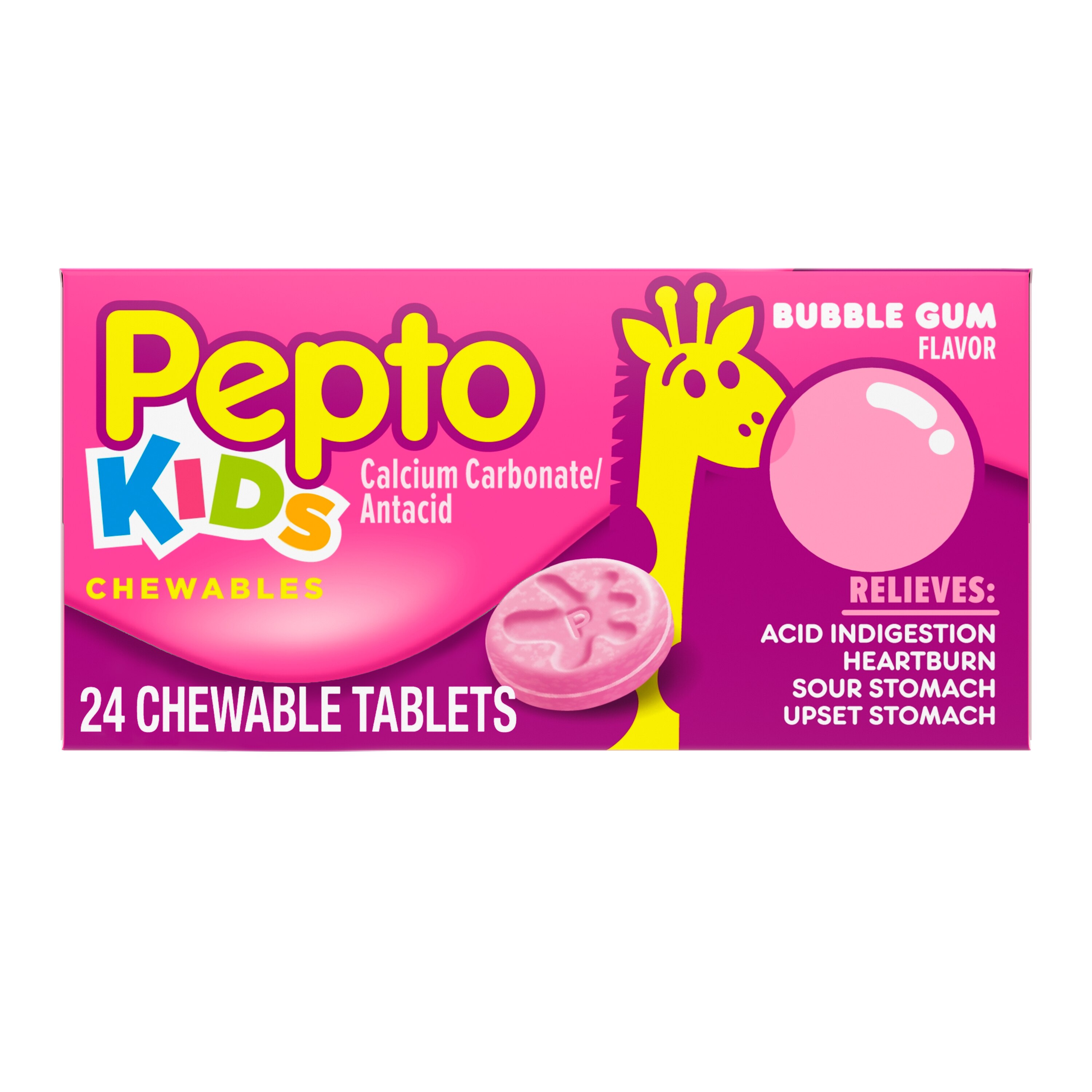 Pepto Kid's - Tabletas masticables para el alivio de la acidez estomacal, indigestión y malestar estomacal para niños, sabor Bubblegum, 24 u.