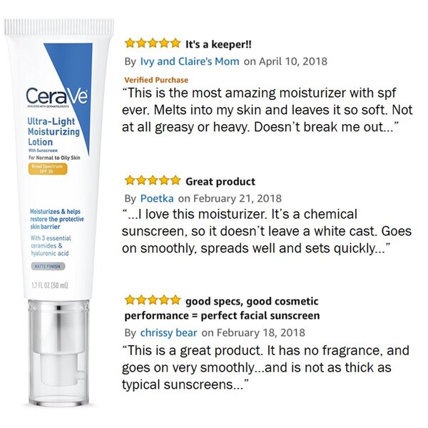 CeraVe Ultra-Light Face Moisturizer, SPF 30,  with Hyaluronic Acid, 1.7 OZ