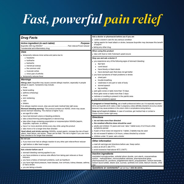 Advil Pain Reliever/ Fever Reducer 200 MG Ibuprofen Tablets