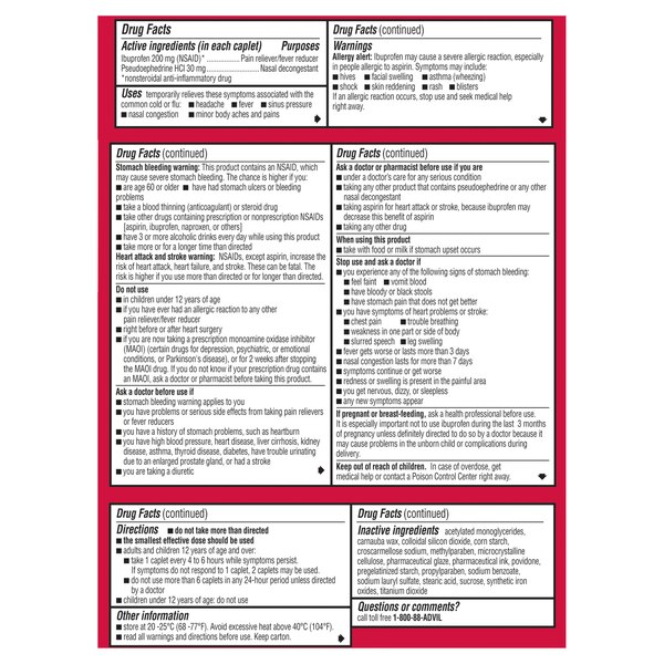 Advil Cold and Sinus Relief Coated Caplets , Non-Drowsy Pain Reliever & Fever Reducer