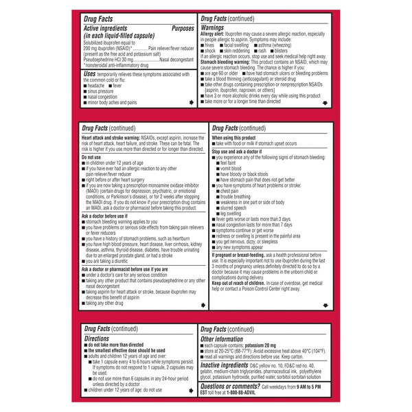 Advil Cold and Sinus Relief Liqui-Gels Liquid-Filled Capsules, Pain Reliever & Fever Reducer, 32 CT