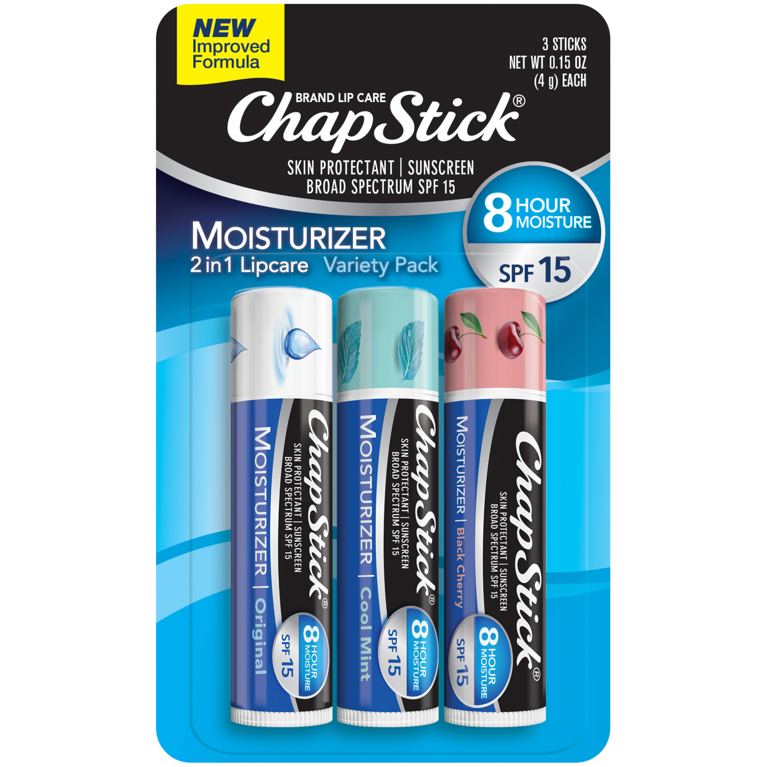 chapstick moisturizer lip balm variety pack, 3 0.15 oz sticks