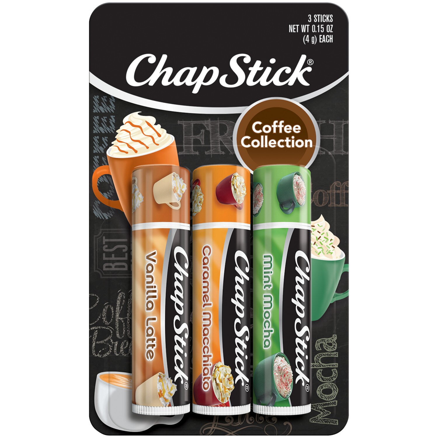 ChapStick Coffee Collection - Bálsamo labial (sabor Vanilla Latte, Caramel Macchiato, Mint Mocha, 0.15 oz, 3 barras)