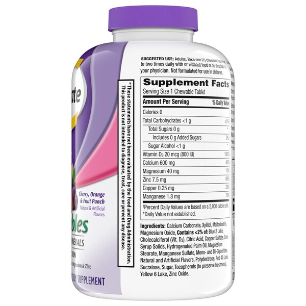 Caltrate Chewables 600+D3 Plus Minerals Calcium Vitamin D Supplement, Cherry, Orange and Fruit Punch, 155 CT