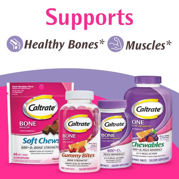 Caltrate Chewables 600+D3 Plus Minerals Calcium Vitamin D Supplement, Cherry, Orange and Fruit Punch, 155 CT