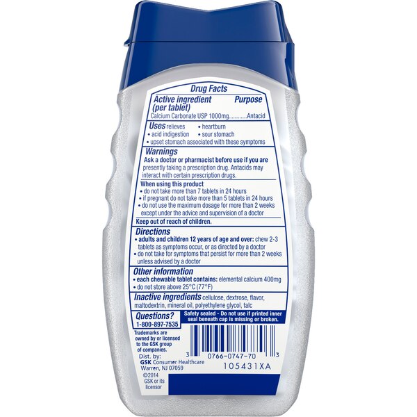 Tums Antacid w/Calcium Ultra Str 1000 Chew Tabs Peppermint, 72 CT