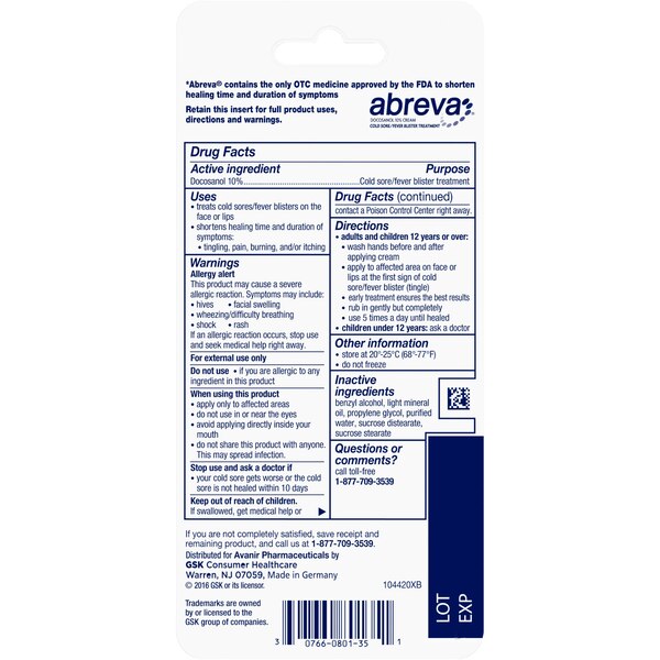 Abreva Docosanol 10% Cream Cold Sore Treatment, 1 CT