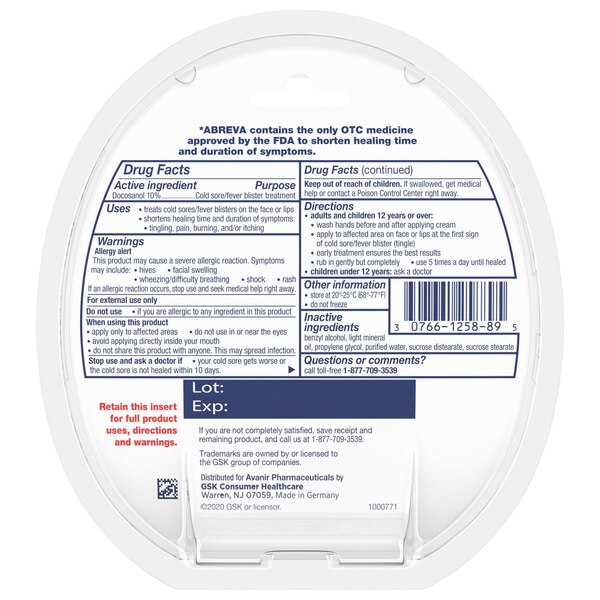 Abreva Cold Sore + Fever Blister Treatment, 2 g