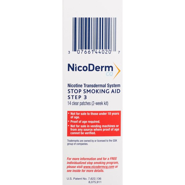 NicoDermCQ Transdermal System 7mg Patch, Step 3, 14 CT