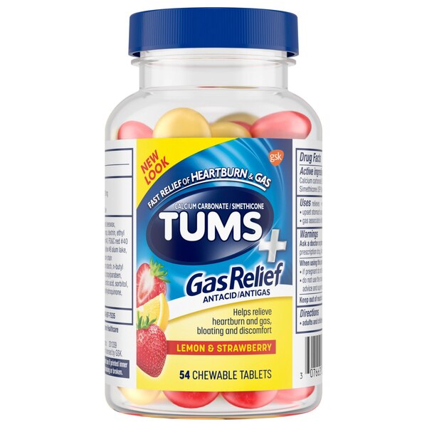 TUMS Chewy Bites Chewable Antacid Tablets with Gas Relief, Lemon & Strawberry, 54 CT