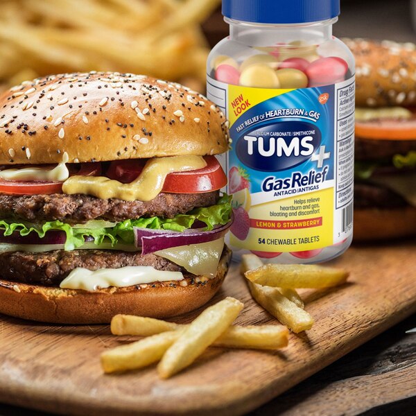 TUMS Chewy Bites Chewable Antacid Tablets with Gas Relief, Lemon & Strawberry, 54 CT