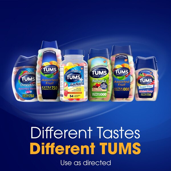 TUMS Chewy Bites Chewable Antacid Tablets with Gas Relief, Lemon & Strawberry, 54 CT