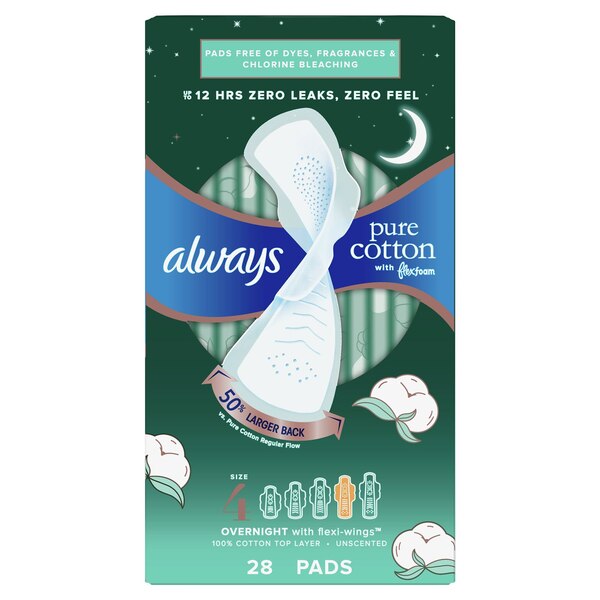 Always Pure Cotton FlexFoam Size 4 Pads with Wings, Unscented, 28 CT