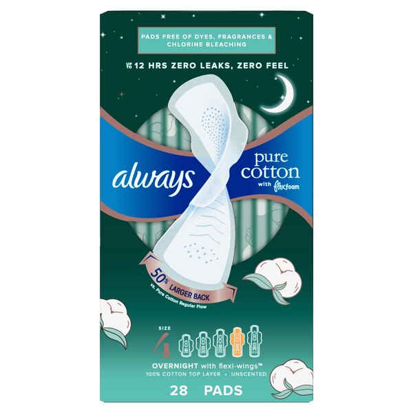Always Pure Cotton FlexFoam Size 4 Pads with Wings, Unscented, 28 CT