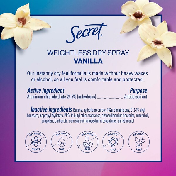 Secret 48-Hour Antiperspirant & Deodorant Dry Spray, Vanilla, 4.1 OZ