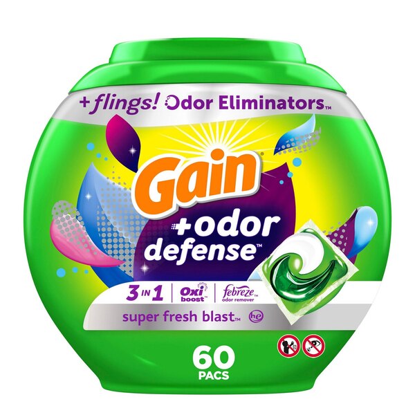 Gain Flings Laundry Detergent Pacs + Odor Defense, Super Fresh Blast Scent, 60 ct